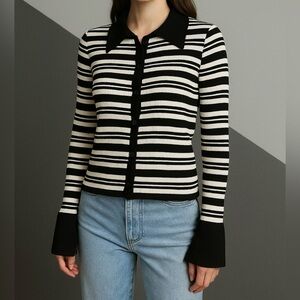 Express Black & White Striped Collared Button-Up Top Size Large EUC